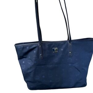 MCM Monogram Dieter Nylon Medium Shopper Tote Navy Blue EUC